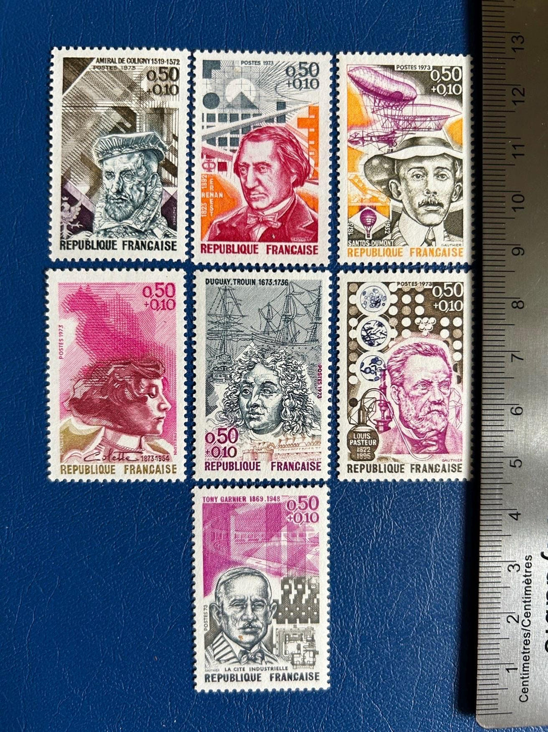France - Original Vintage Postage Stamps- 1973 - Important Figures: Coligny, Renan, Santos-Dumont, Colette, Duguay-Trouin, Pasteur, Garnier