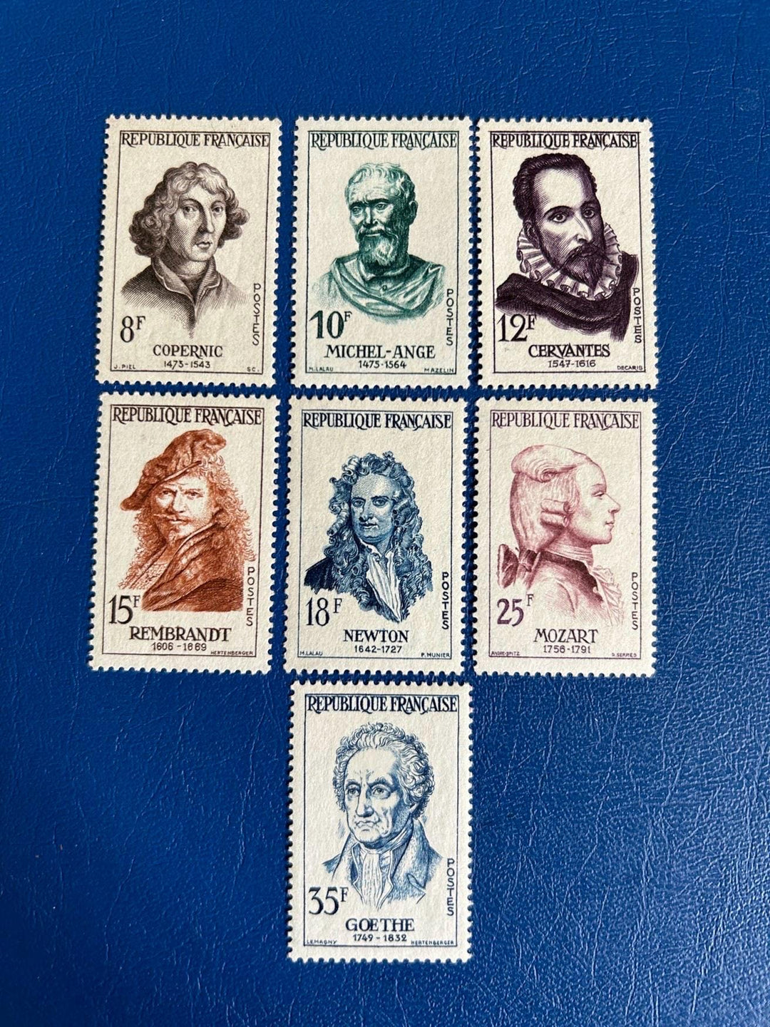 France - Original Vintage Postage Stamps- 1957 - Important Figures: Copernic, Buonarroti, Cervantes, Rembrandt, Newton, Mozart, Goethe