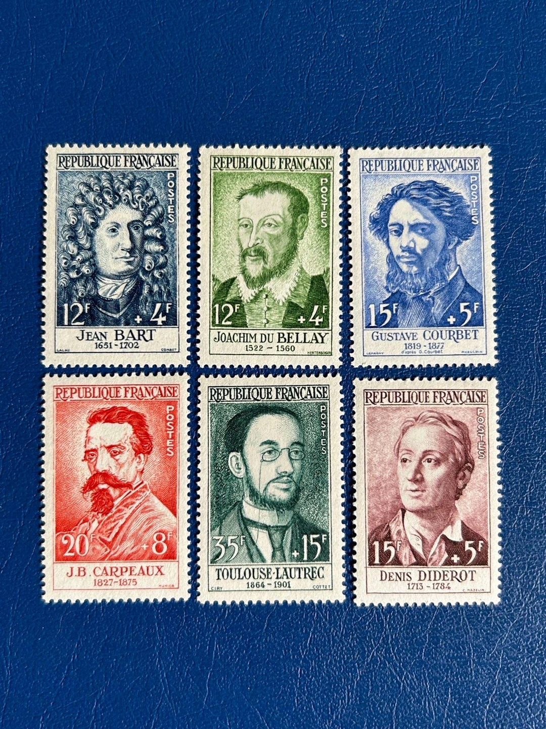 France - Original Vintage Postage Stamps- 1958 - Important Figures: Bellay, Bart, Diderot, Courbet, Carpeaux, Toulouse-Lautrec