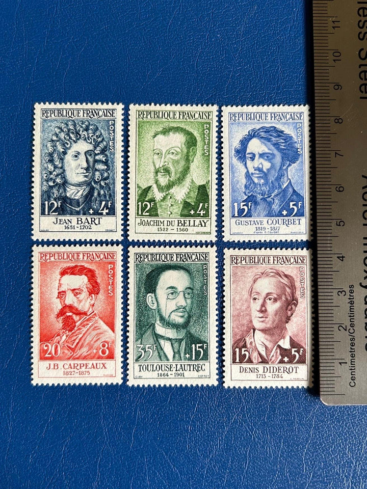 France - Original Vintage Postage Stamps- 1958 - Important Figures: Bellay, Bart, Diderot, Courbet, Carpeaux, Toulouse-Lautrec