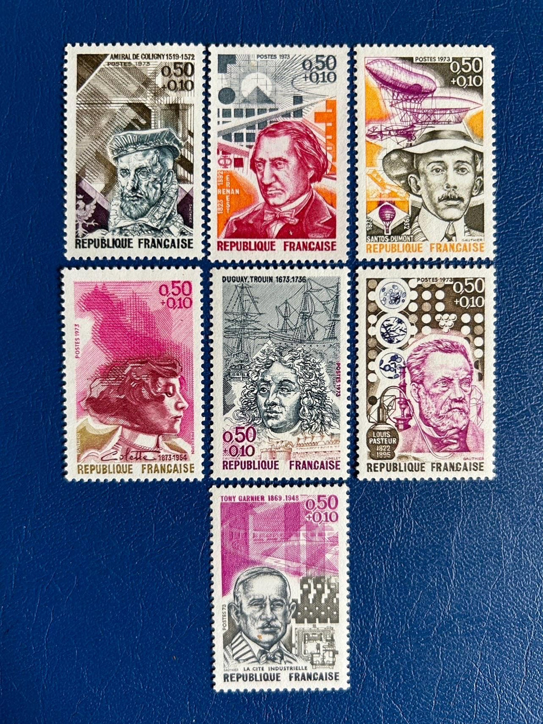 France - Original Vintage Postage Stamps- 1973 - Important Figures: Coligny, Renan, Santos-Dumont, Colette, Duguay-Trouin, Pasteur, Garnier