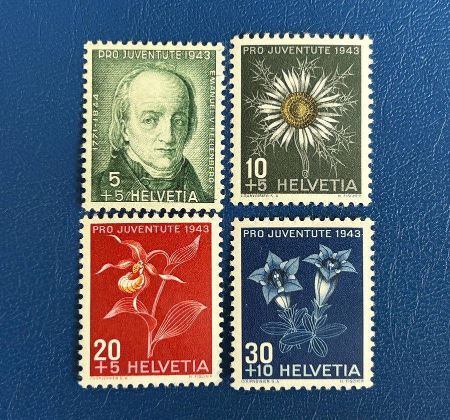 Switzerland - Original Vintage Postage Stamps- 1943 - Pro Children: Flowers (von Fellenberg) mh - for the collector, artist or crafter