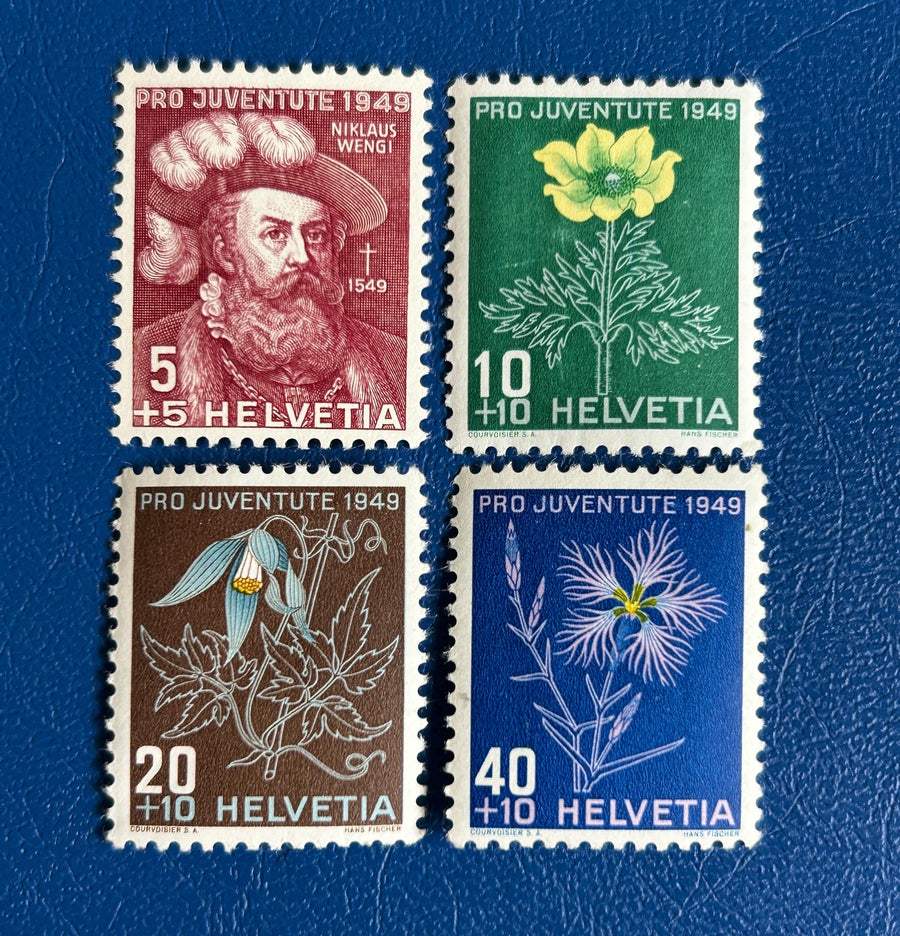 Switzerland - Original Vintage Postage Stamps- 1949 - Pro Children: Flowers (Wengi) mh - for the collector, artist or crafter