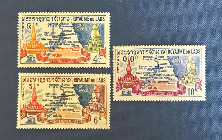 Laos - Original Vintage Postage Stamps- 1957 - Temple of That Luang, Map of Nubia & Ramses II - for the collector, artist or crafter