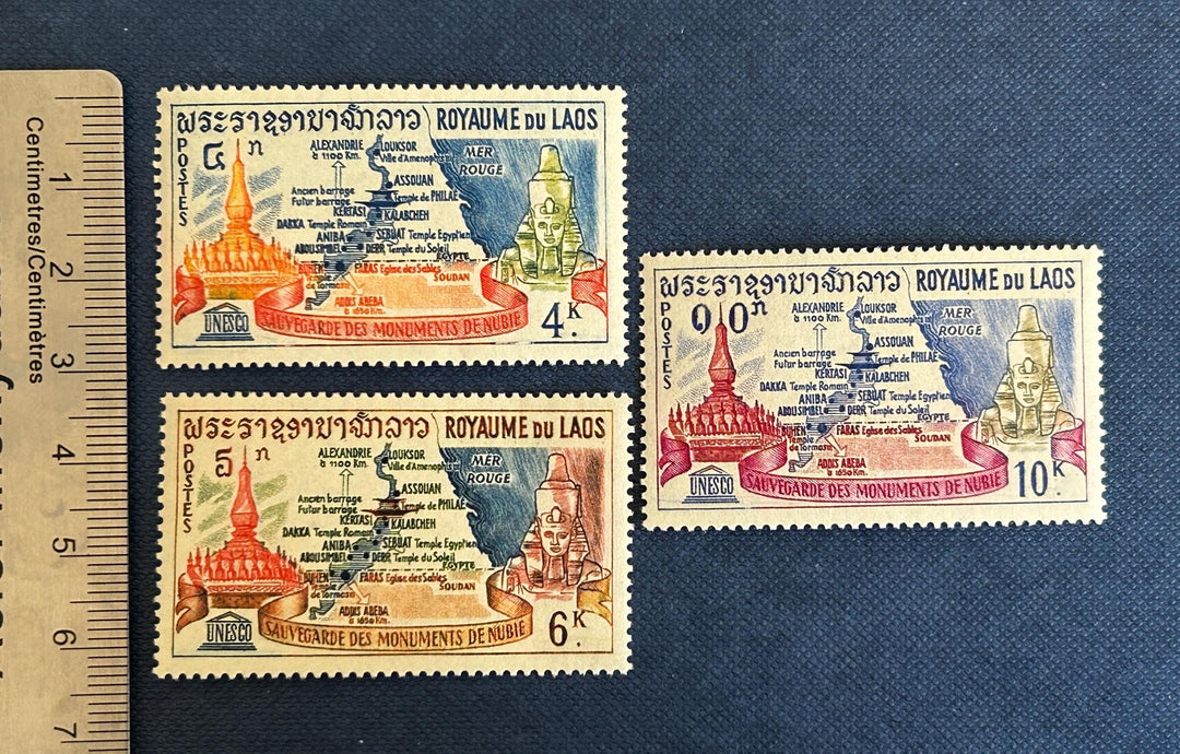 Laos - Original Vintage Postage Stamps- 1957 - Temple of That Luang, Map of Nubia & Ramses II - for the collector, artist or crafter