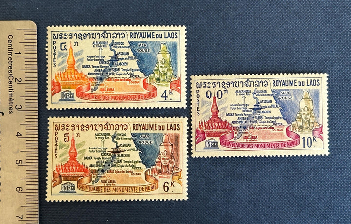 Laos - Original Vintage Postage Stamps- 1957 - Temple of That Luang, Map of Nubia & Ramses II - for the collector, artist or crafter