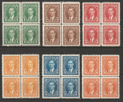 Canada 1937 Sc 231-6 set blocks MNH**/MLH*