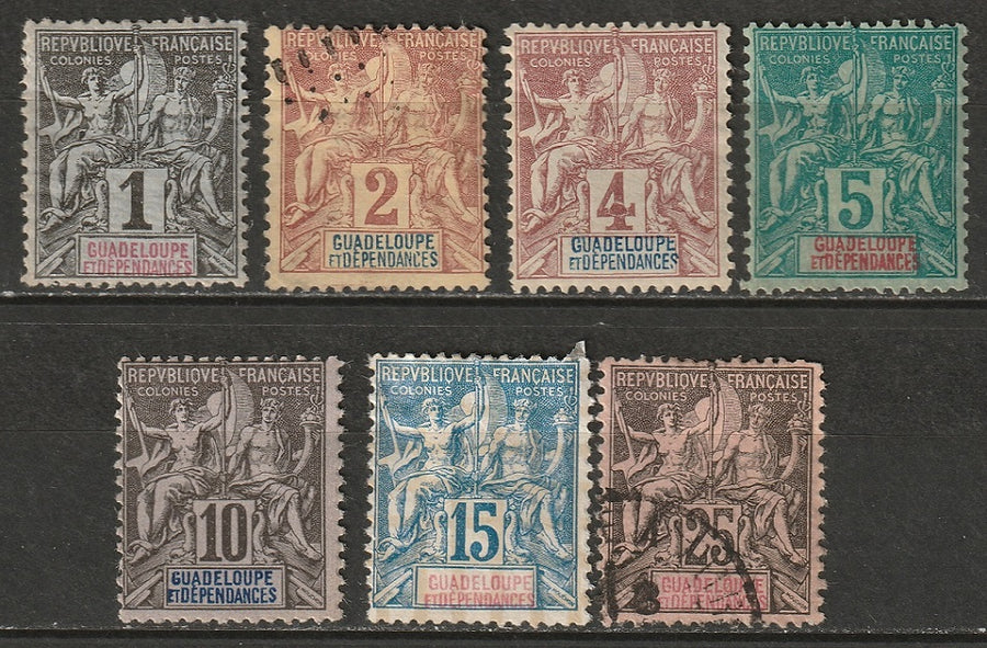 Guadeloupe 1892 Sc 27-30,32,34,37 set low values mixed