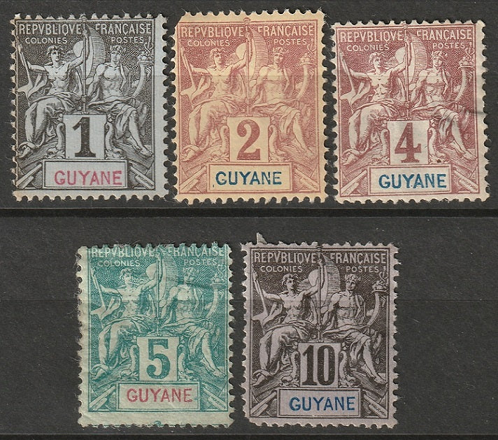 French Guiana 1892 Sc 32-5,37 set low values MNG