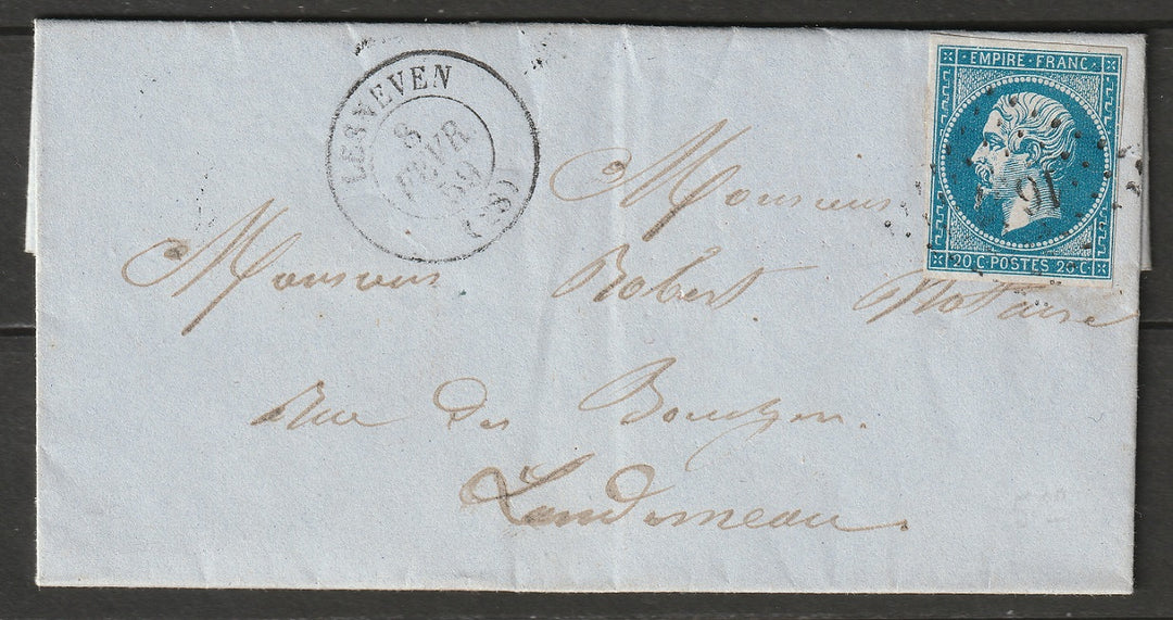 France 1859 Sc 15 folded letter from Lesneven to Landerneau Brittany nice cancels