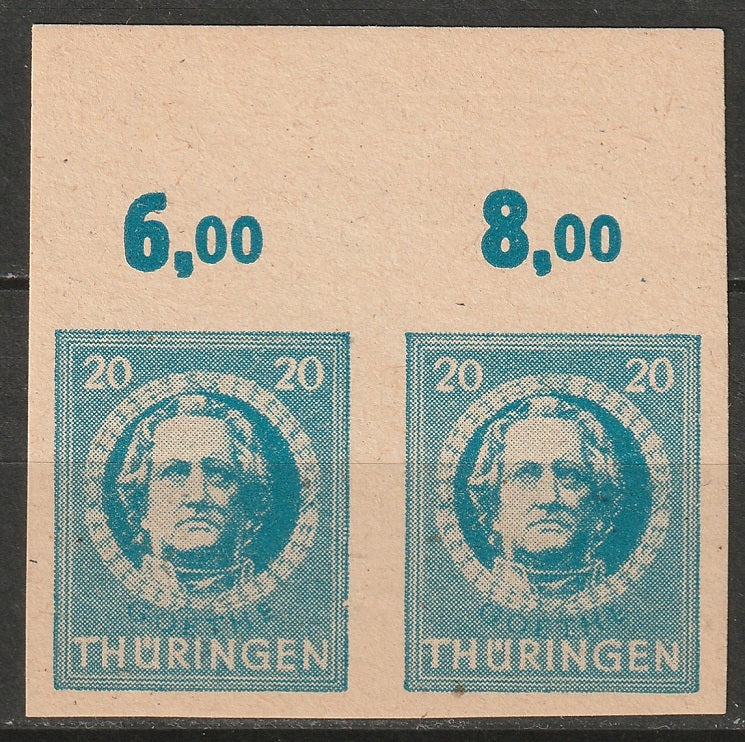 Germany 1945 Sc 16N7 Soviet Zone Thuringia pair imperf MLH* with flaw