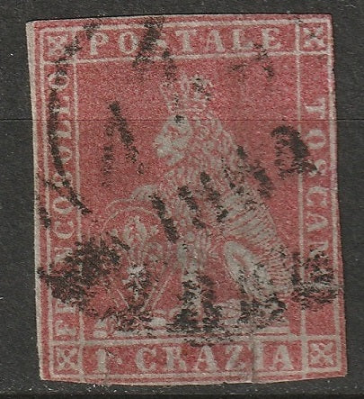 Italy Tuscany 1851 Sc 4b used lake red on bluish repaired