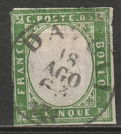 Italy Sardinia 1863 Sc 10 used deep green Davoli CDS thins