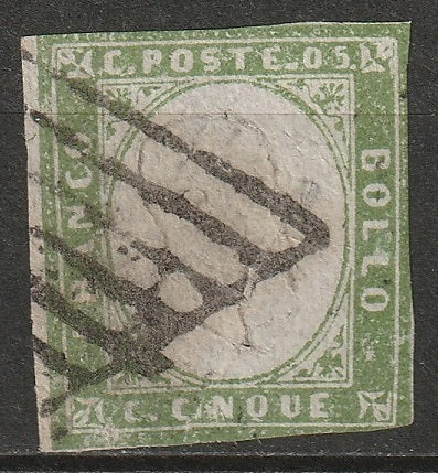 Italy Sardinia 1862 Sc 10a used yellow green small pinholes