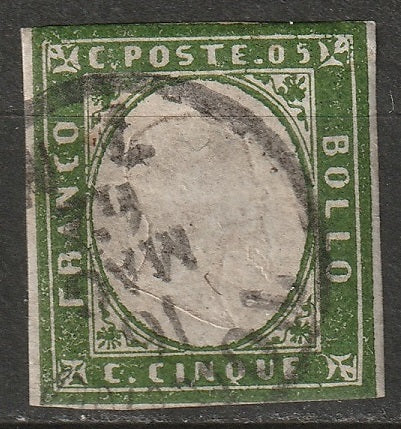 Italy Sardinia 1862 Sc 10b used deep olive green Torino CDS