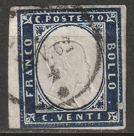 Italy Sardinia 1862 Sc 12 used indigo small tear at top