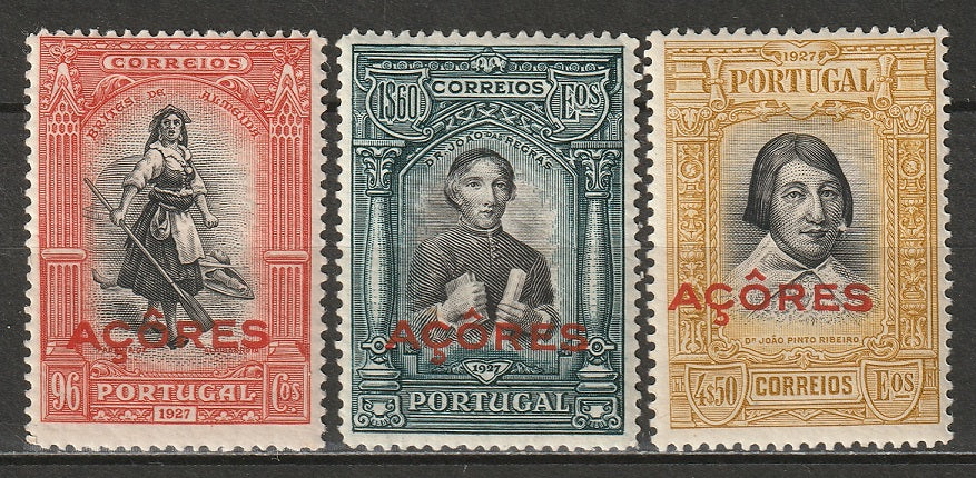 Azores 1927 Sc 281-3 set high values MH* some disturbed gum