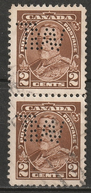 Canada 1935 Sc 218 pair used "TRW" (Travellers Insurance) perfin