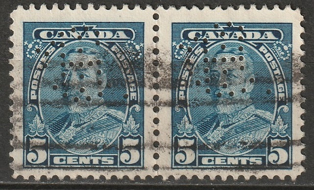 Canada 1935 Sc 221 pair used "IHC" (Intl Harvesters London) perfin