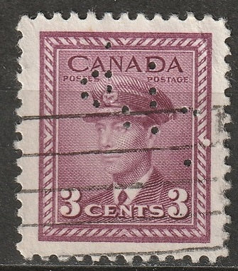 Canada 1942 Sc 252 used "CPR" (CP Rail) perfin partially unpunched