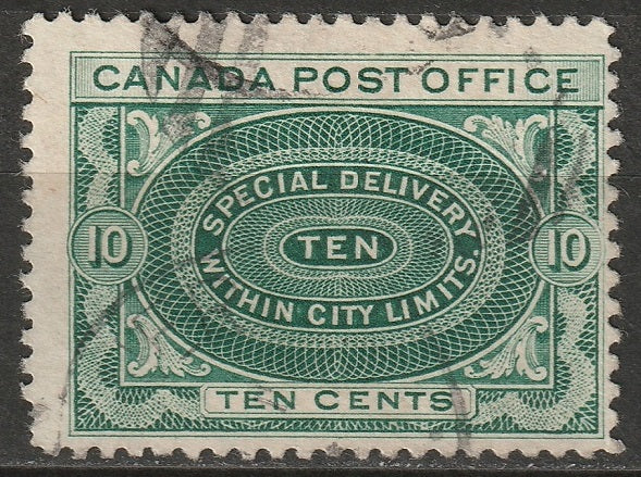 Canada 1898 Sc E1b special delivery used yellow green damaged corner