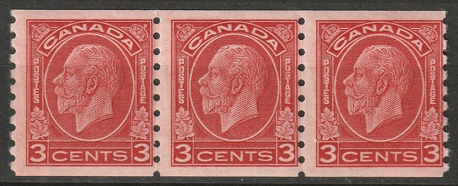 Canada 1933 Sc 207 coil strip of 3 MNH** crazed gum