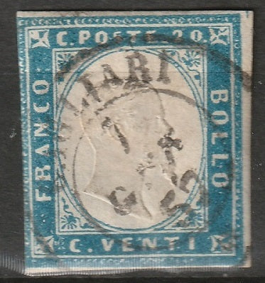 Italy Sardinia 1857 Sc 12e used sky blue Cagliari Jan 1857 CDS