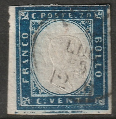 Italy Sardinia 1858 Sc 12d used indigo double impression 1859 CDS