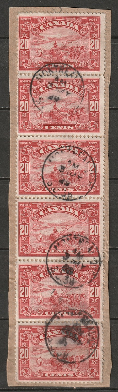 Canada 1929 Sc 157 strip of 6 used on piece Montreal CDS