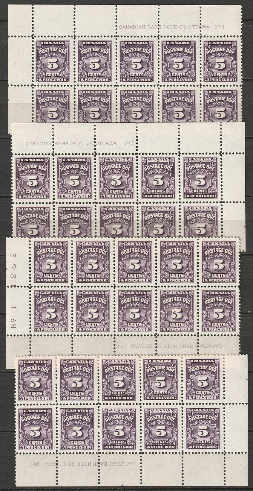 Canada 1948 Sc J18 postage due plate 1 blocks of 10 set MNH**