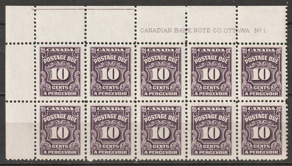 Canada 1935 Sc J20 postage due plate 1 UL block of 10 MNH**