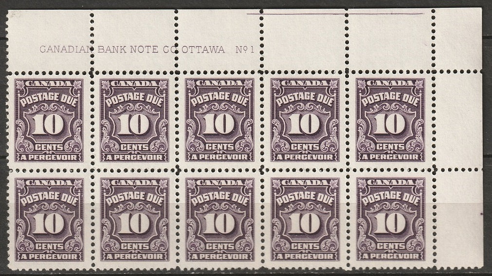 Canada 1935 Sc J20 postage due plate 1 UR block of 10 MNH**