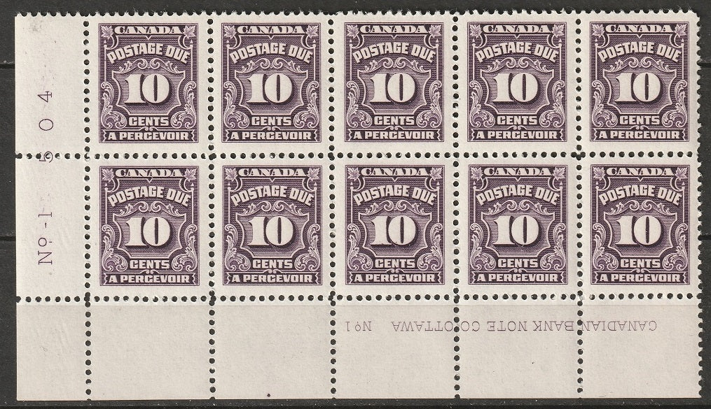 Canada 1935 Sc J20 postage due plate 1 LL block of 10 MNH**