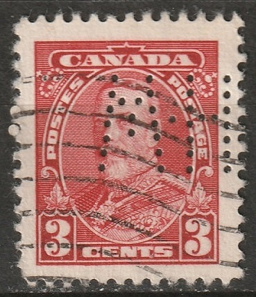 Canada 1928 Sc 151 perfin "M-H" (Massey-Harris Co.) used