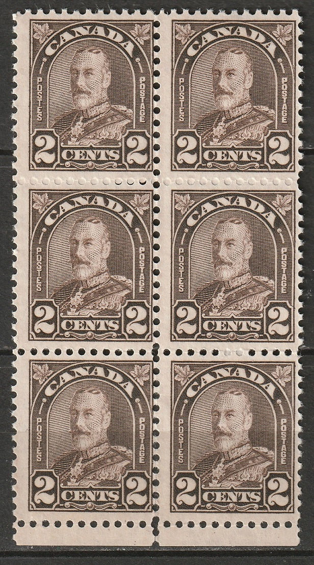 Canada 1931 Sc 166b block of 6 MLH*/MNH** vertical perf separation