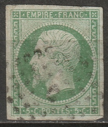 France 1854 Sc 13 used pale green baton "C" cancel tear on right side