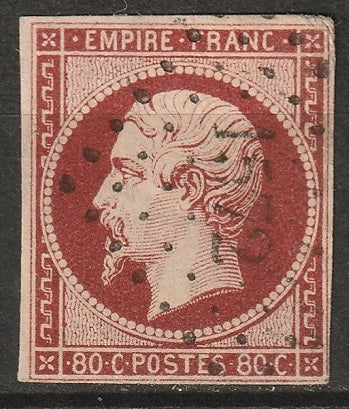 France 1855 Sc 19c used "1572" (Jarnnac) PC cancel deep carmine lake