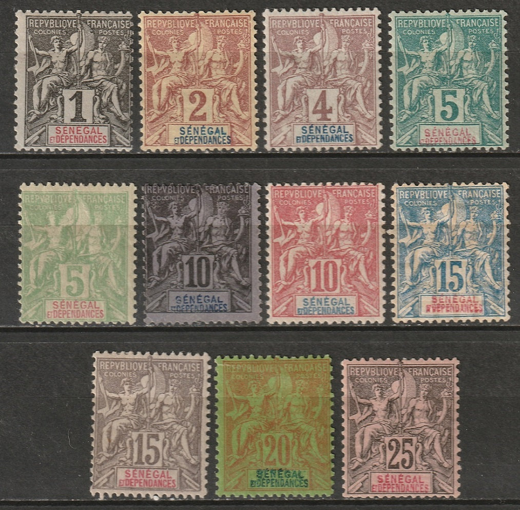 Senegal 1892-1900 Sc 35-45 Yt 8-15,21-3 partial set low values MH* some disturbed gum