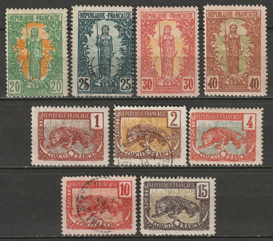 French Congo 1904 Sc 35e/44c Yt 27/36 partial set MH*/used all thin paper