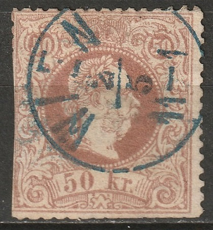 Austria 1867 Sc 33a used blue Wien blue cancel reddish brown small thins/trimmed