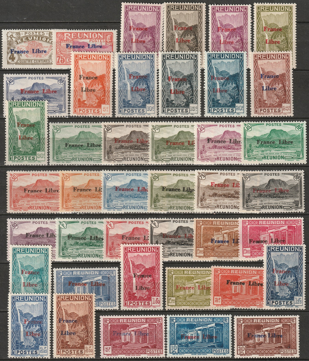 Reunion 1943 Sc 178/220 partial set 41 values MH*