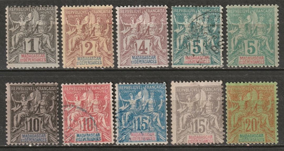 Madagascar 1896 Sc 28-37 partial set low values MH*/used some small thins