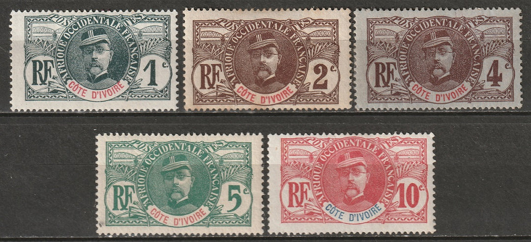 Ivory Coast 1906 Sc 21-5 partial set MH* disturbed/partial gum