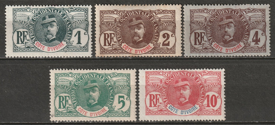 Ivory Coast 1906 Sc 21-5 partial set MH* disturbed/partial gum