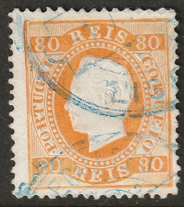 Portugal 1871 Sc 44e used blue Lisboa cancel enamel paper yellow orange