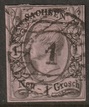 Saxony 1855 Sc 10 used "1"(Dresden) cancel thin paper