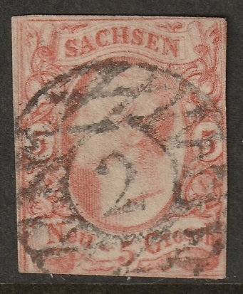 Saxony 1856 Sc 13 used "2" (Leipzig) cancel orange red