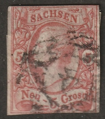 Saxony 1856 Sc 13 used major repaired tear dark vermilion