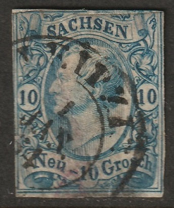 Saxony 1856 Sc 14 used major repaired tear/large thin