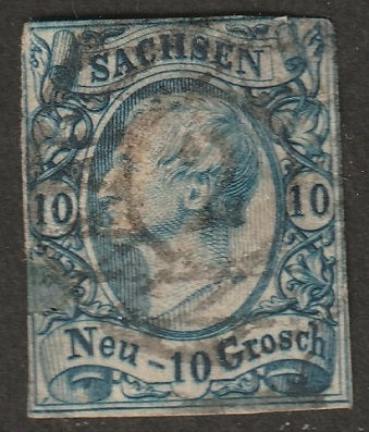 Saxony 1856 Sc 14 used "2" (Leipzig) cancel repaired tear/thin
